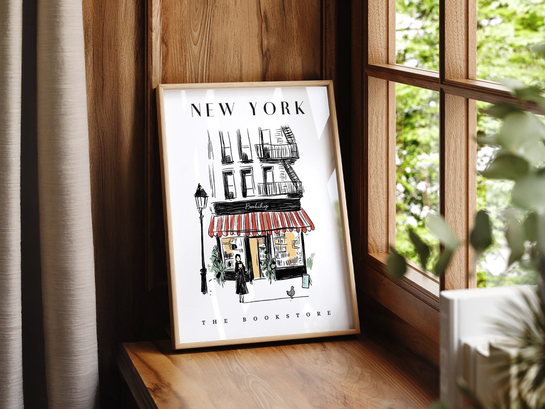 New York Bookstore Art Print – Charming City Illustration Wall Decor