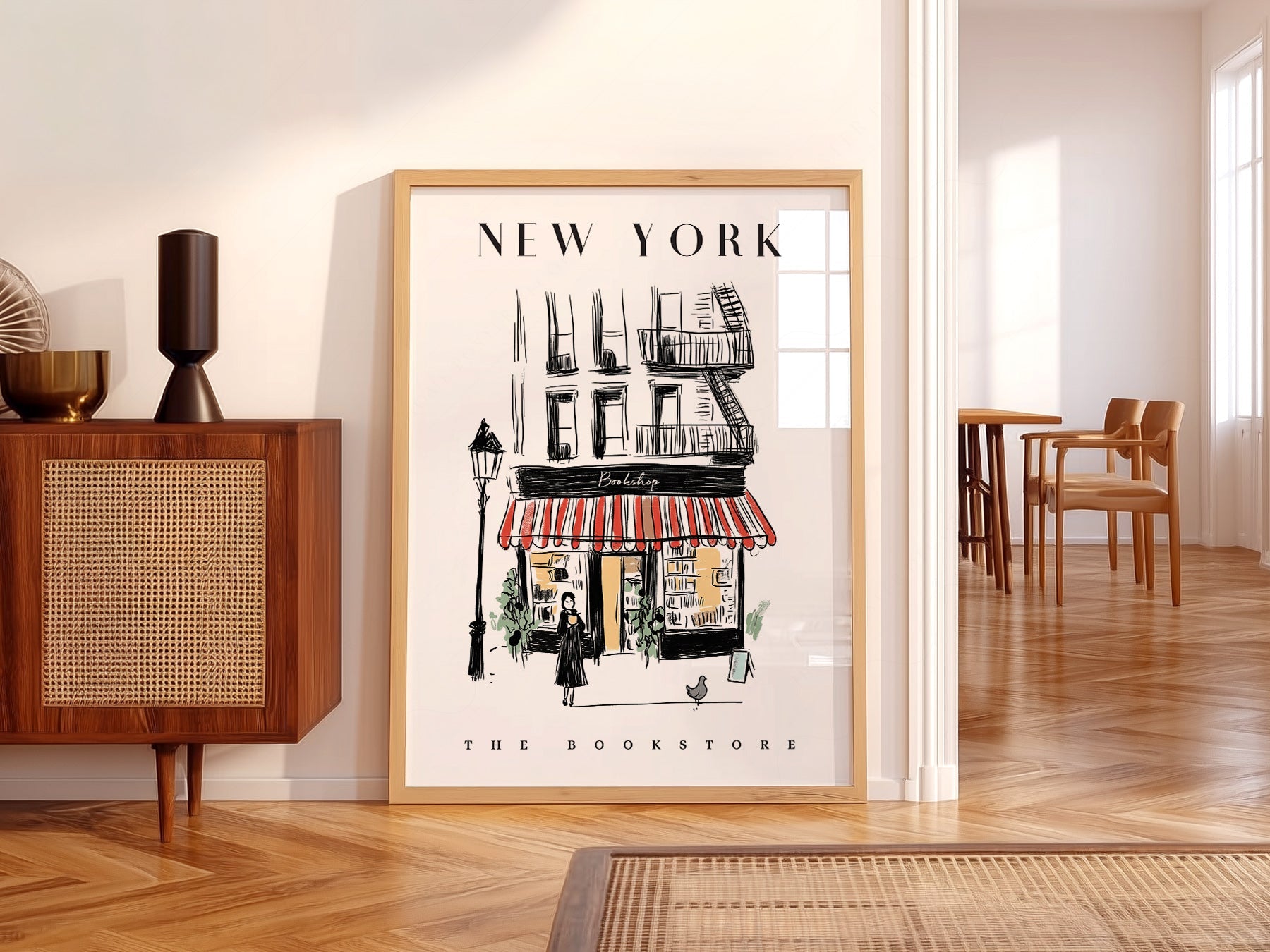 New York Bookstore Art Print – Charming City Illustration Wall Decor