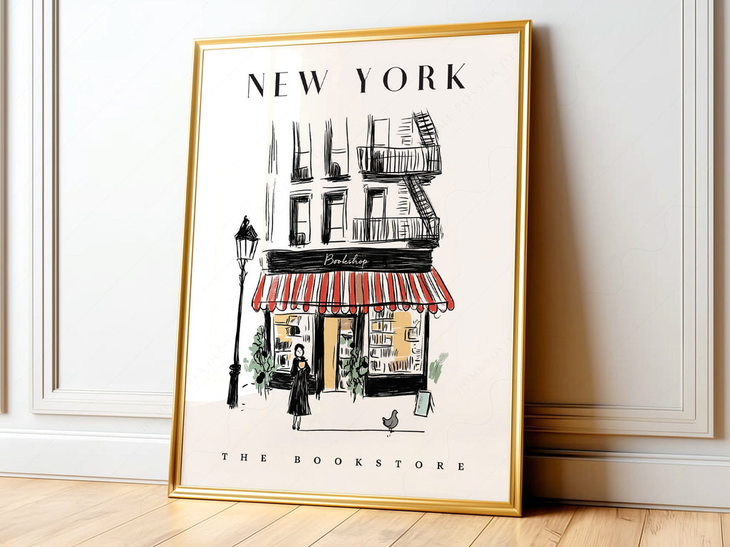 New York Bookstore Art Print – Charming City Illustration Wall Decor