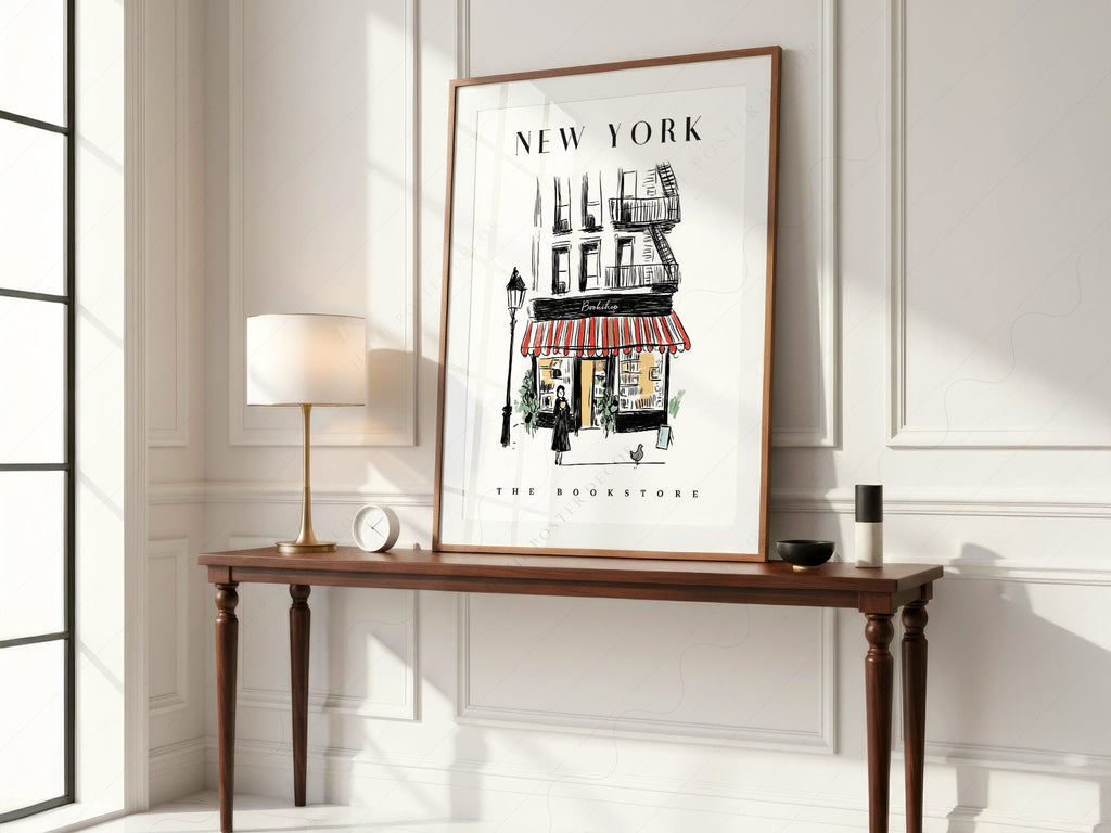 New York Bookstore Art Print – Charming City Illustration Wall Decor