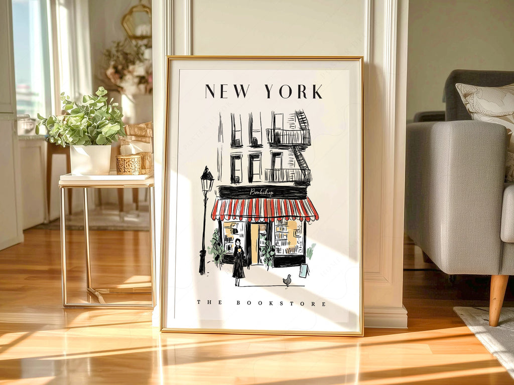 New York Bookstore Art Print – Charming City Illustration Wall Decor