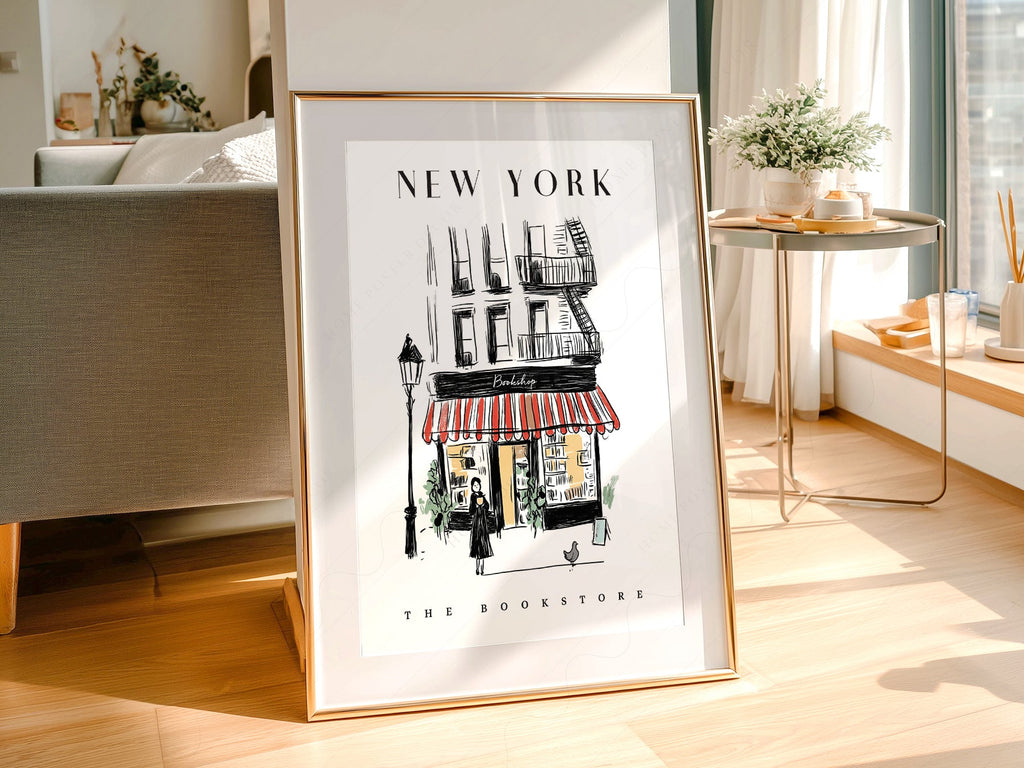 New York Bookstore Art Print – Charming City Illustration Wall Decor