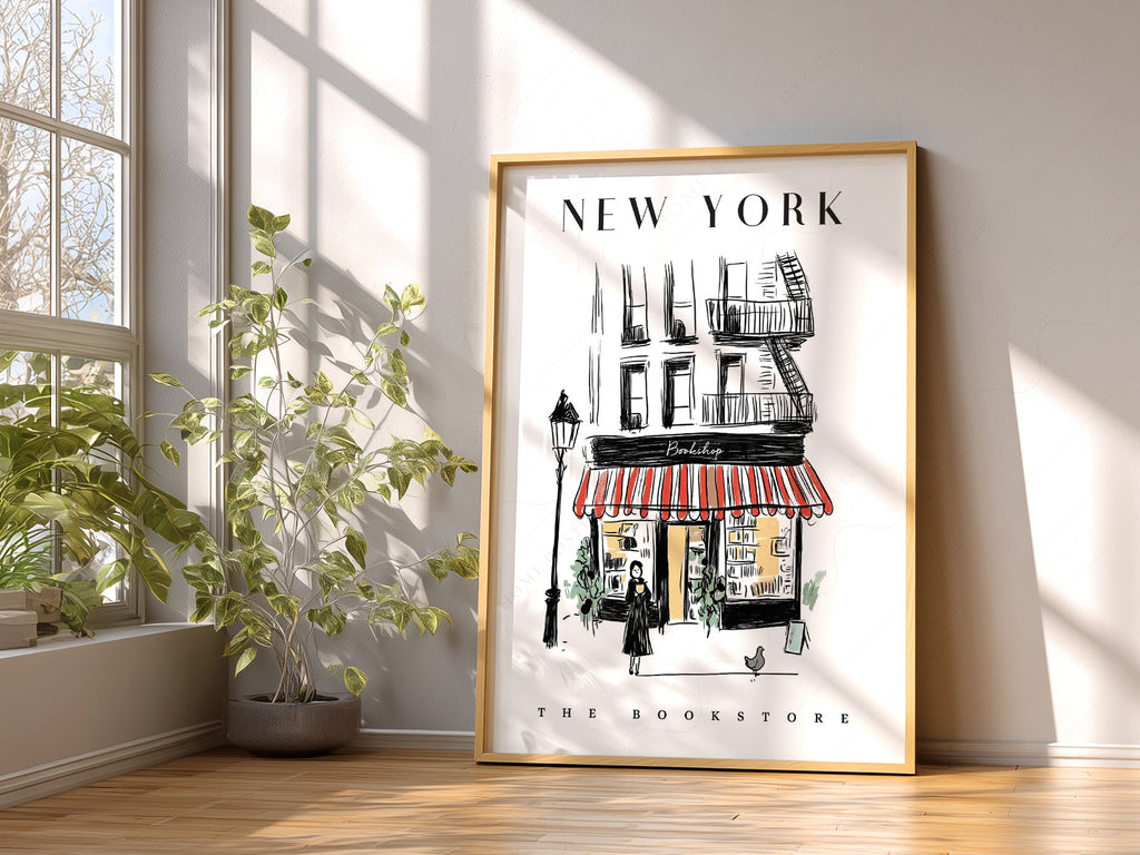 New York Bookstore Art Print – Charming City Illustration Wall Decor