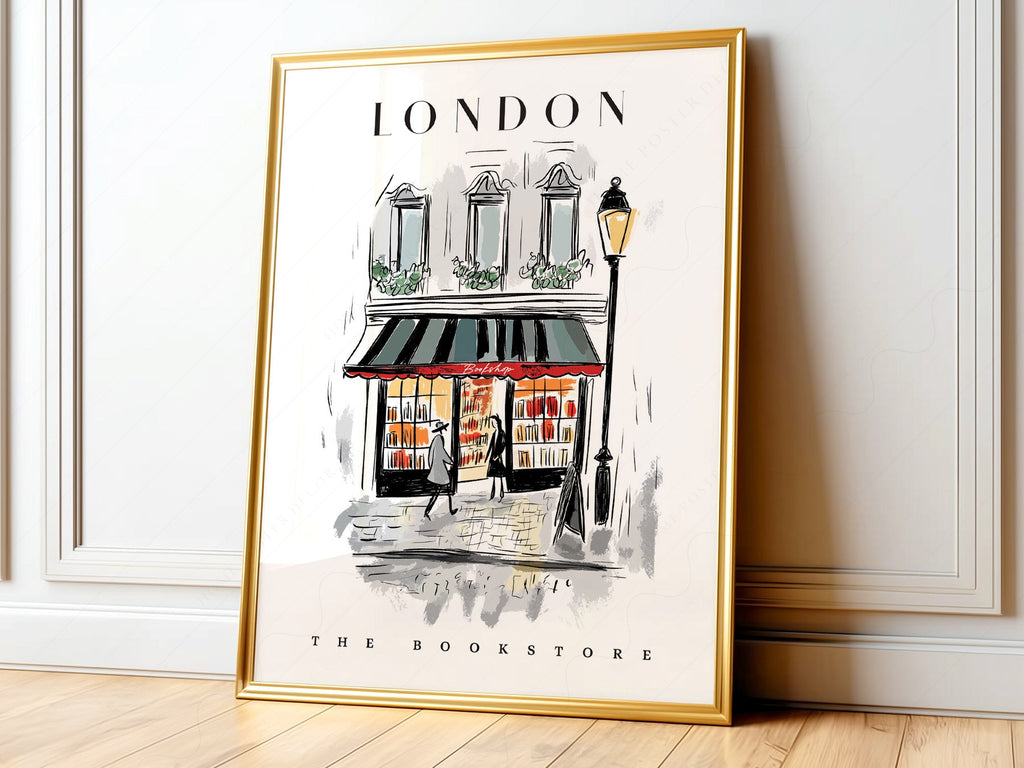 London Bookstore Illustration Print – Charming Bookshop Wall Art Poster