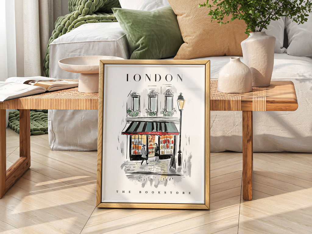 London Bookstore Illustration Print – Charming Bookshop Wall Art Poster