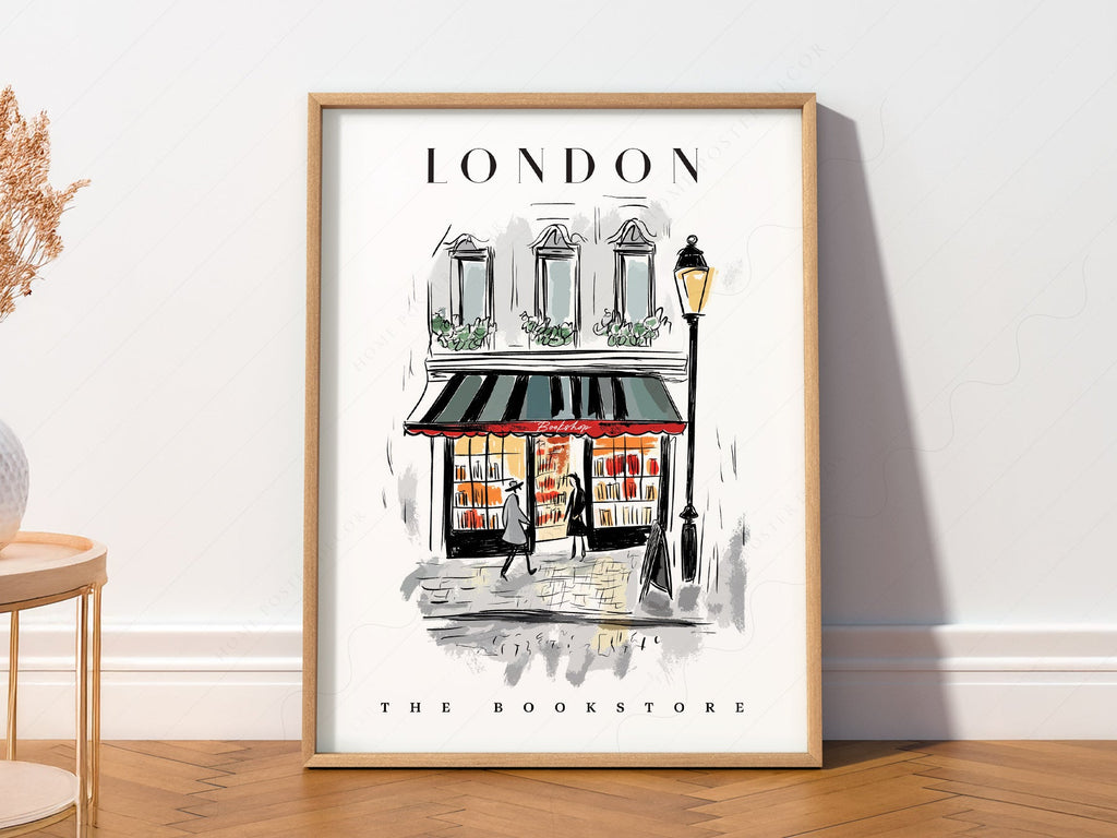 London Bookstore Illustration Print – Charming Bookshop Wall Art Poster
