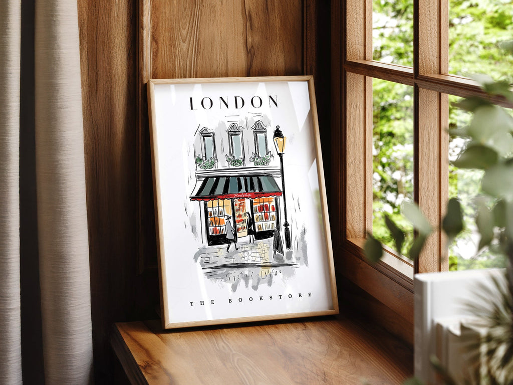London Bookstore Illustration Print – Charming Bookshop Wall Art Poster