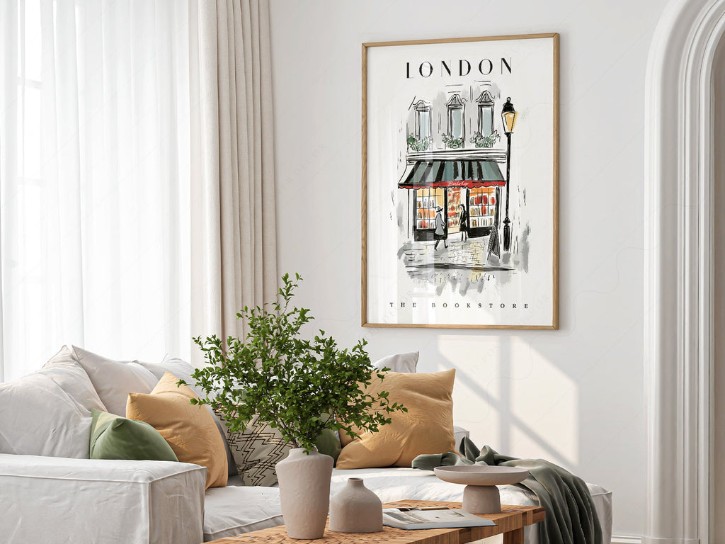 London Bookstore Illustration Print – Charming Bookshop Wall Art Poster