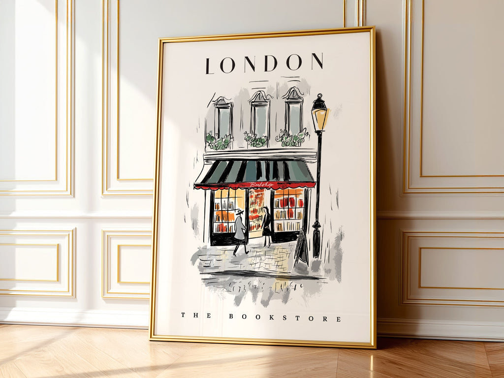 London Bookstore Illustration Print – Charming Bookshop Wall Art Poster