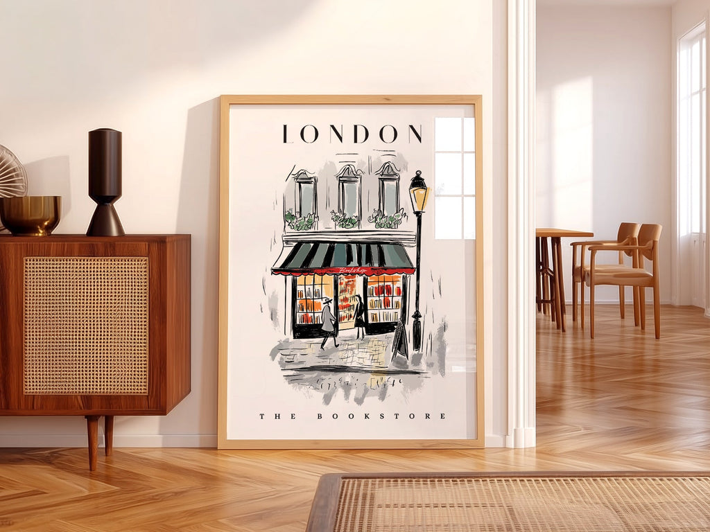 London Bookstore Illustration Print – Charming Bookshop Wall Art Poster