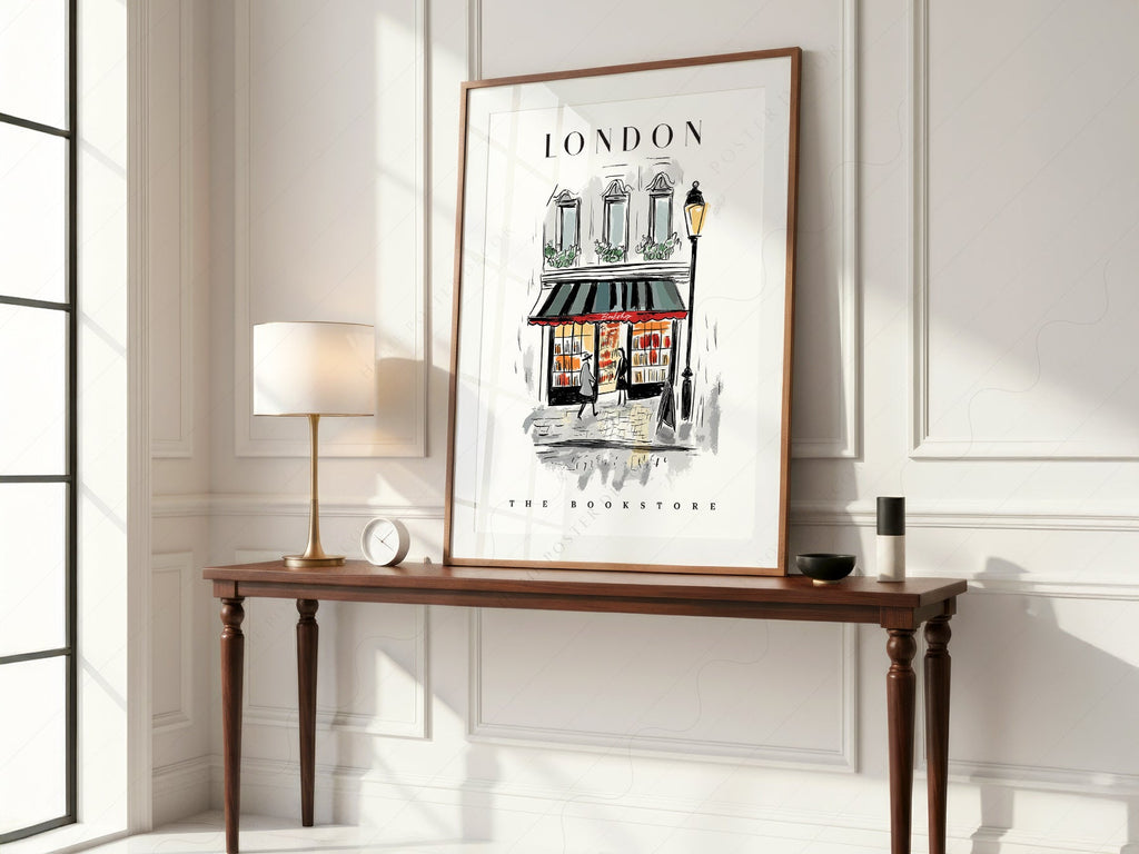 London Bookstore Illustration Print – Charming Bookshop Wall Art Poster