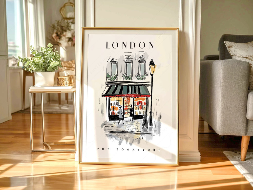London Bookstore Illustration Print – Charming Bookshop Wall Art Poster