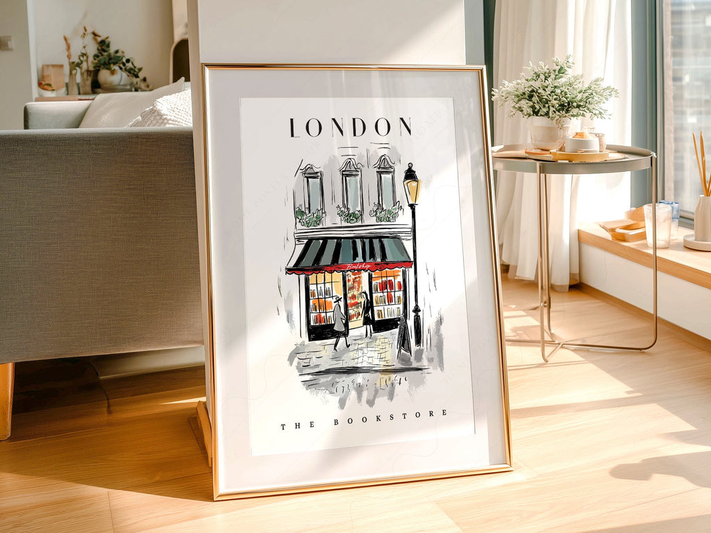 London Bookstore Illustration Print – Charming Bookshop Wall Art Poster