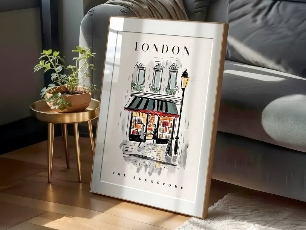 London Bookstore Illustration Print – Charming Bookshop Wall Art Poster