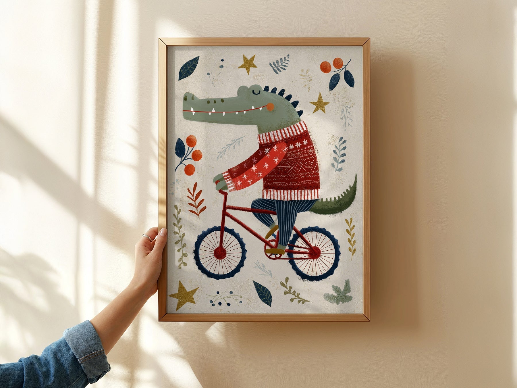 Crocodile on Bicycle Art Print – Whimsical Nursery Wall Decor Poster