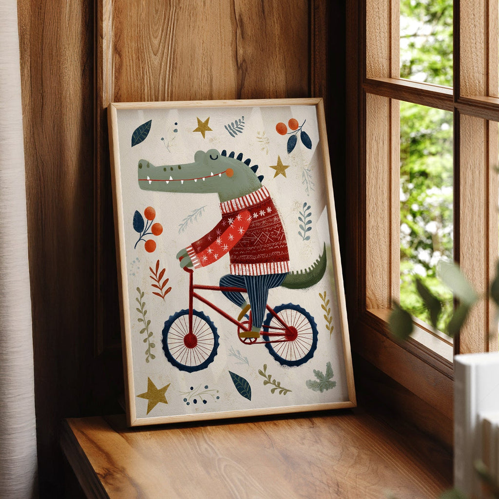 Crocodile on Bicycle Art Print – Whimsical Nursery Wall Decor Poster