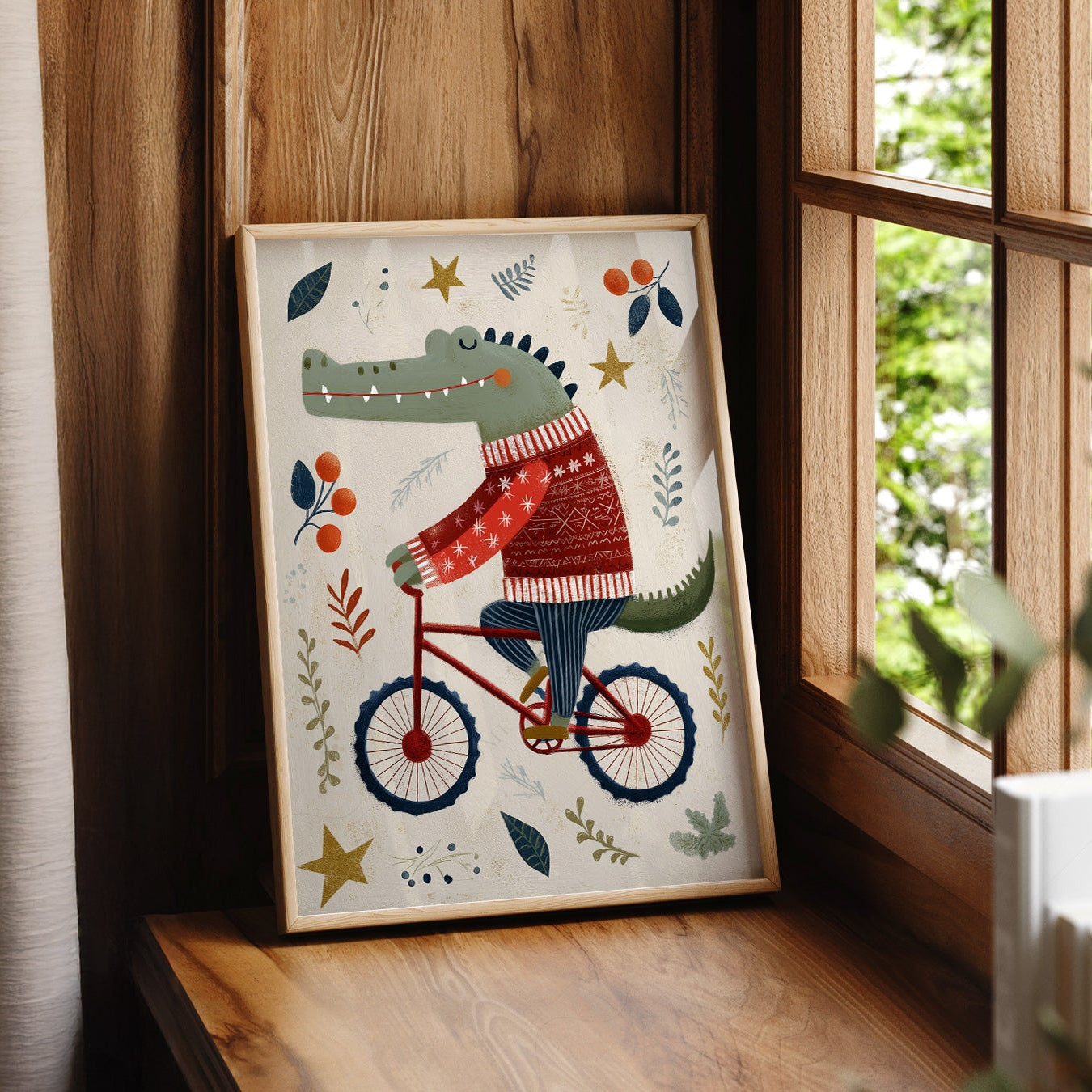 Crocodile on Bicycle Art Print – Whimsical Nursery Wall Decor Poster