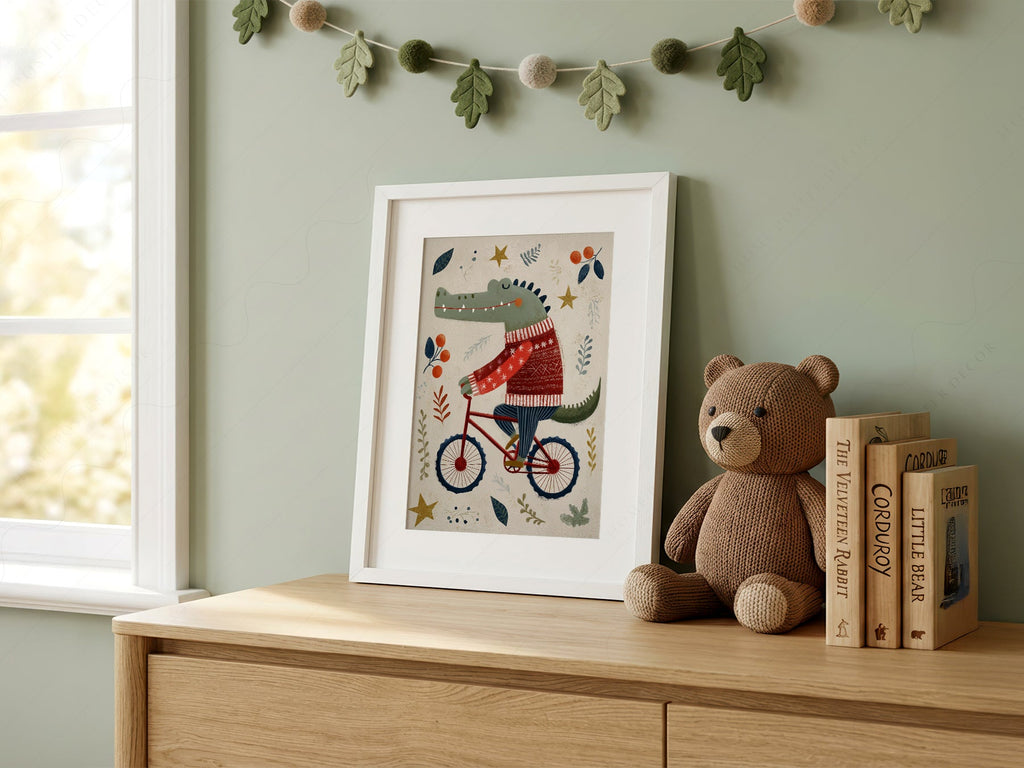 Crocodile on Bicycle Art Print – Whimsical Nursery Wall Decor Poster