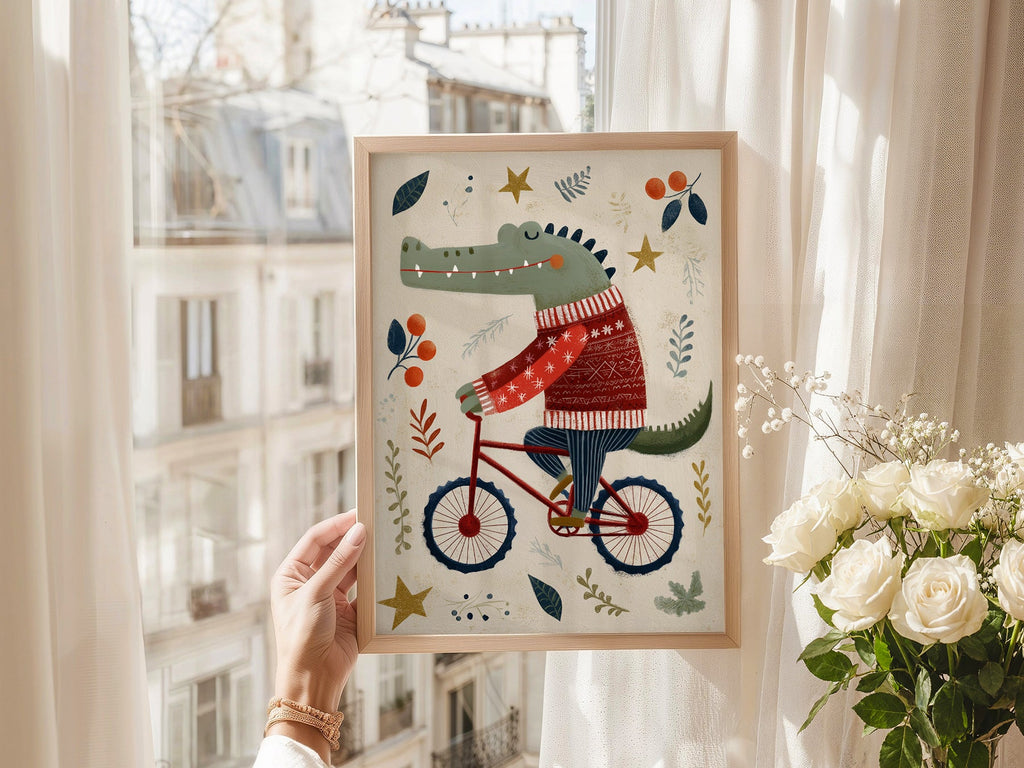 Crocodile on Bicycle Art Print – Whimsical Nursery Wall Decor Poster