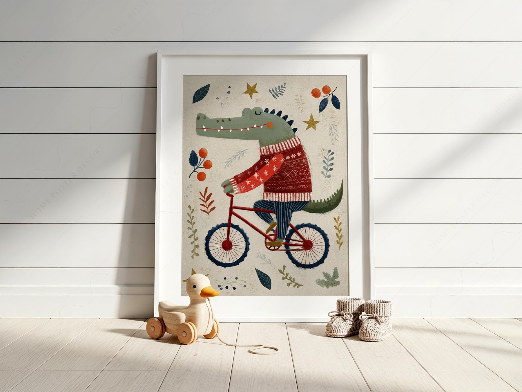 Crocodile on Bicycle Art Print – Whimsical Nursery Wall Decor Poster