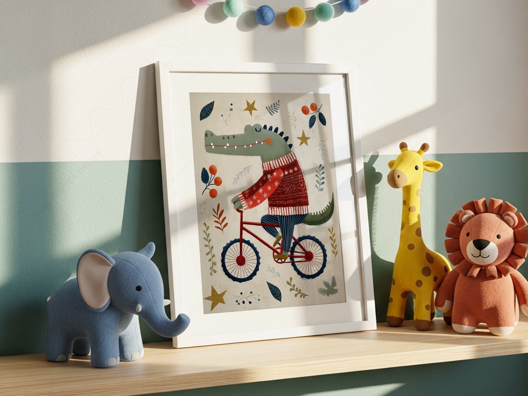 Crocodile on Bicycle Art Print – Whimsical Nursery Wall Decor Poster