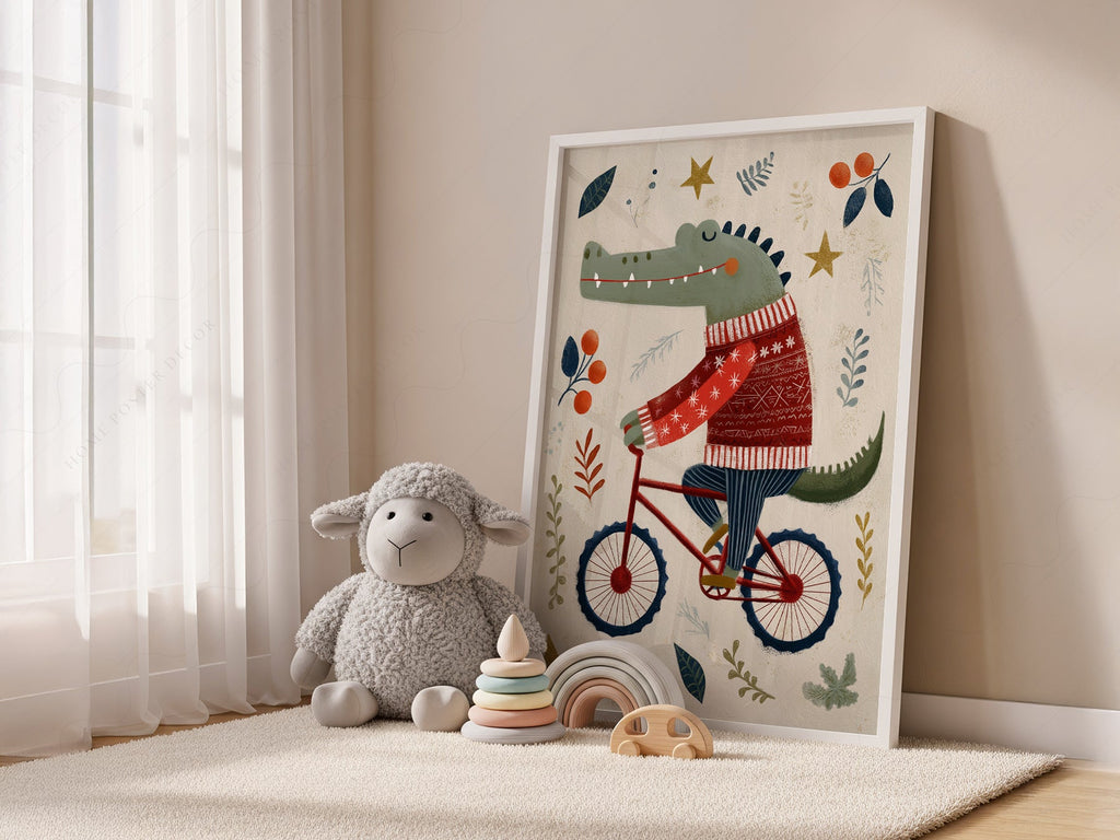 Crocodile on Bicycle Art Print – Whimsical Nursery Wall Decor Poster