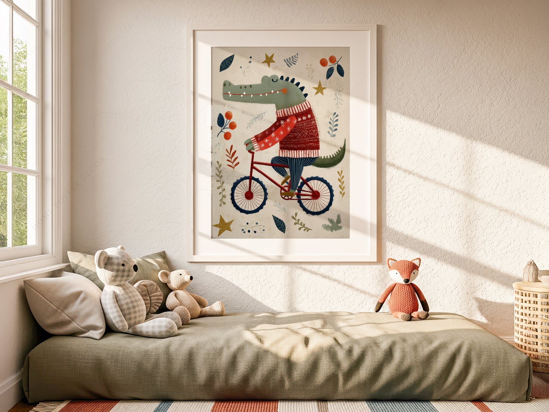 Crocodile on Bicycle Art Print – Whimsical Nursery Wall Decor Poster