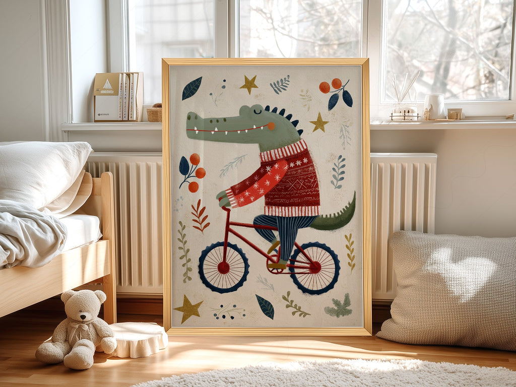 Crocodile on Bicycle Art Print – Whimsical Nursery Wall Decor Poster