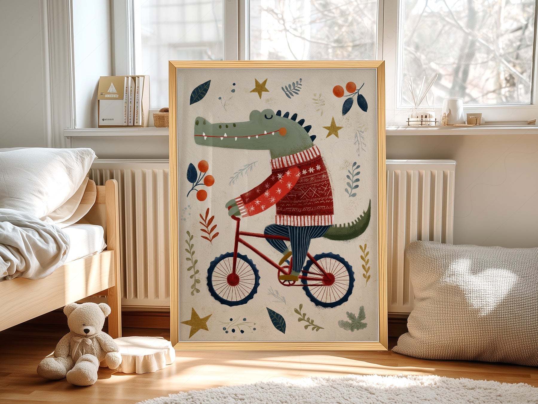 Crocodile on Bicycle Art Print – Whimsical Nursery Wall Decor Poster
