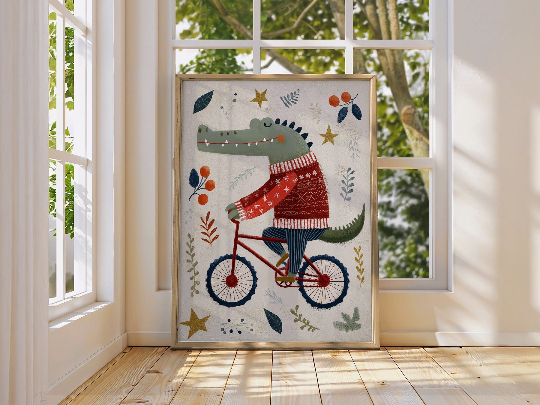Crocodile on Bicycle Art Print – Whimsical Nursery Wall Decor Poster