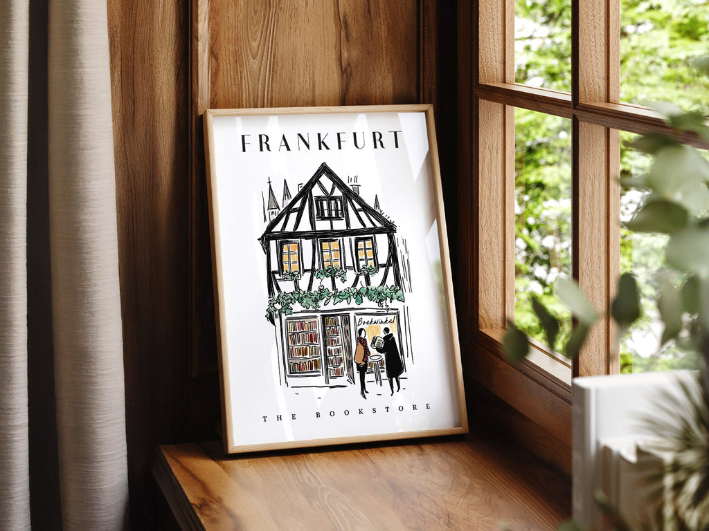 Frankfurt Bookstore Illustration Print – European City Wall Art Poster