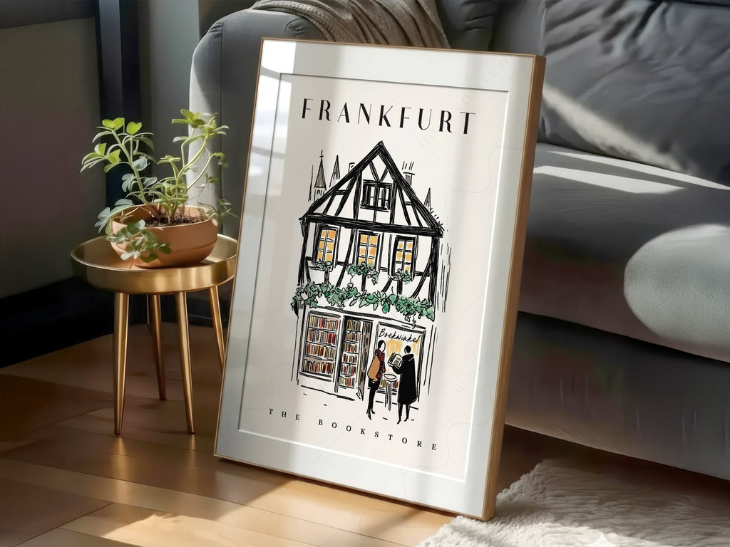 Frankfurt Bookstore Illustration Print – European City Wall Art Poster