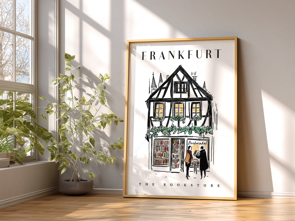 Frankfurt Bookstore Illustration Print – European City Wall Art Poster