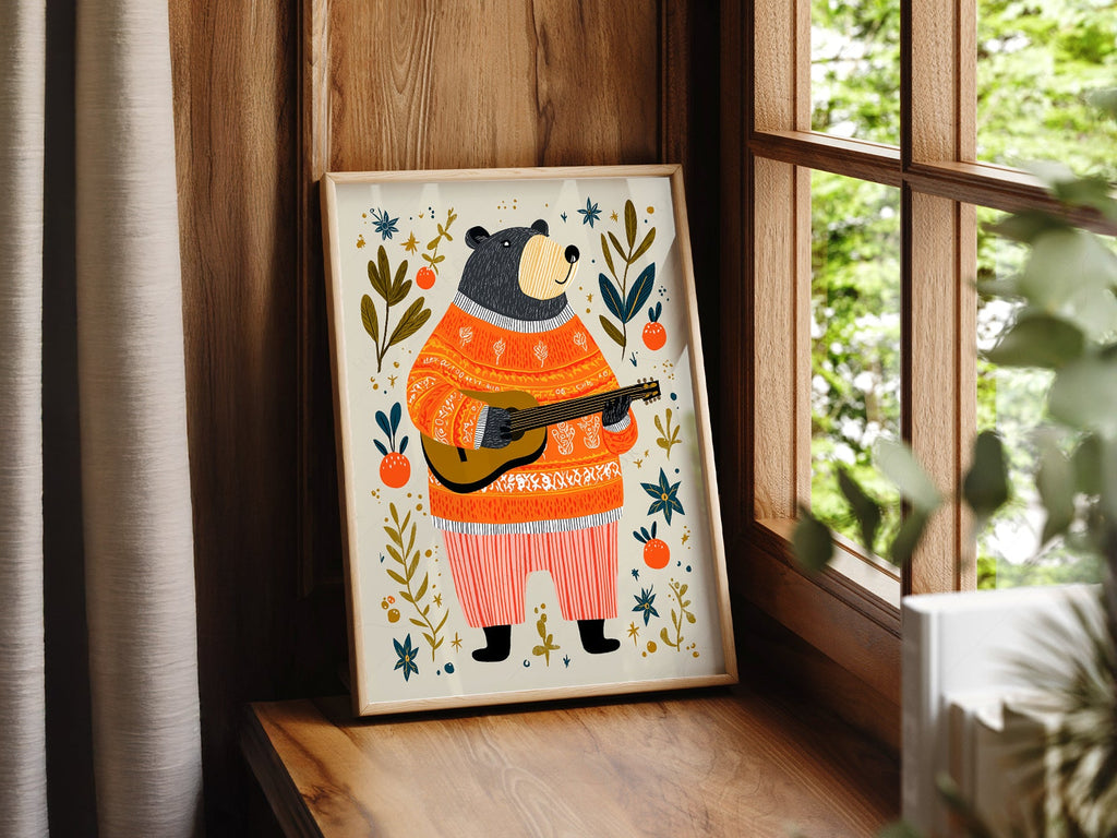 Musical Bear Art Print – Whimsical Nursery Decor Folk Illustration Poster