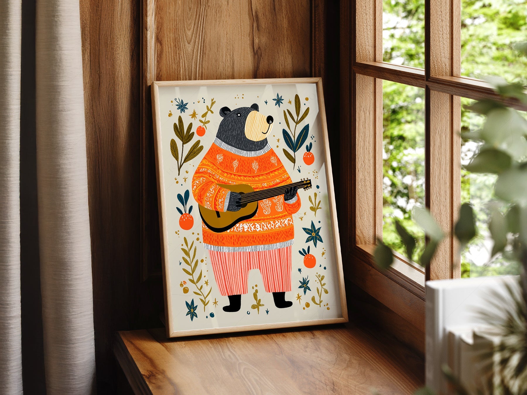 Musical Bear Art Print – Whimsical Nursery Decor Folk Illustration Poster