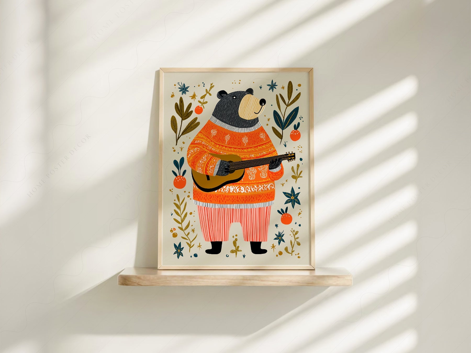 Musical Bear Art Print – Whimsical Nursery Decor Folk Illustration Poster
