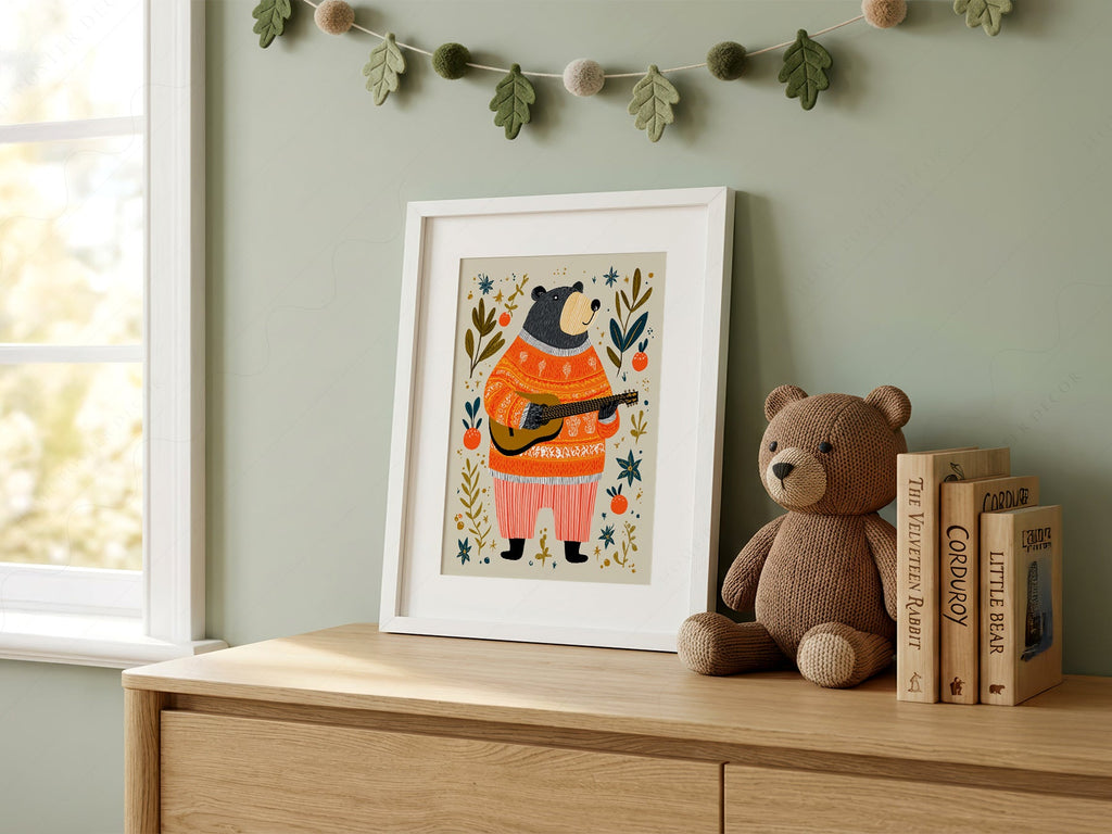 Musical Bear Art Print – Whimsical Nursery Decor Folk Illustration Poster