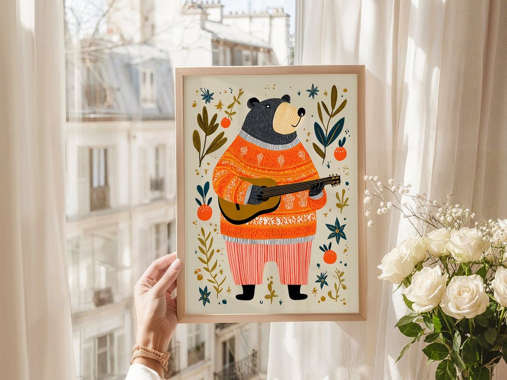 Musical Bear Art Print – Whimsical Nursery Decor Folk Illustration Poster
