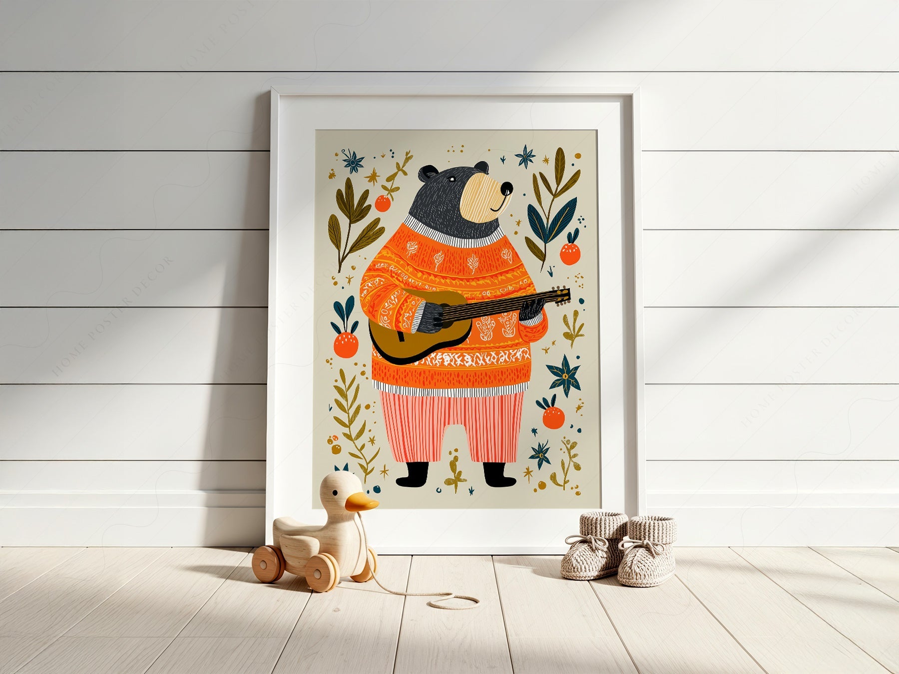 Musical Bear Art Print – Whimsical Nursery Decor Folk Illustration Poster