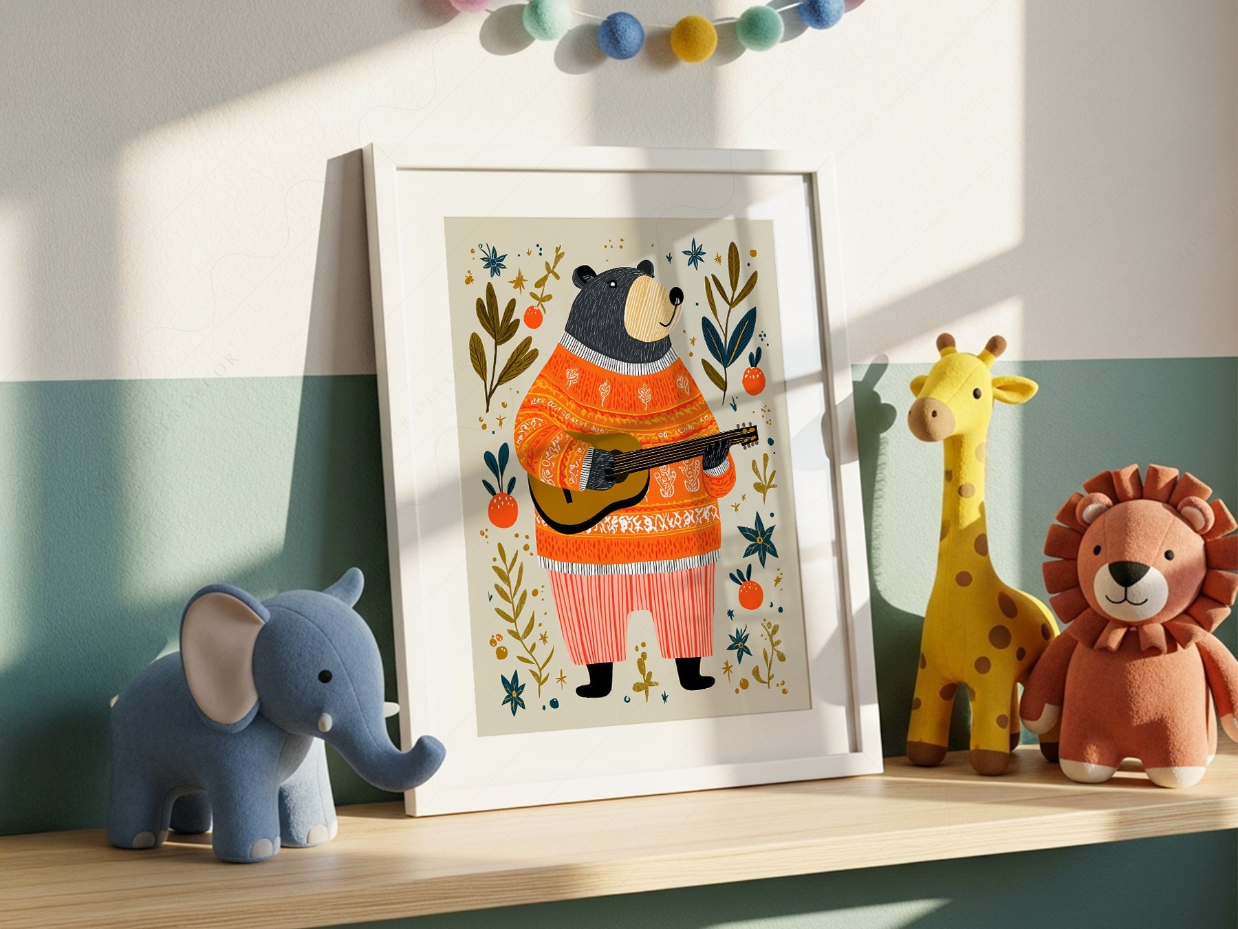 Musical Bear Art Print – Whimsical Nursery Decor Folk Illustration Poster