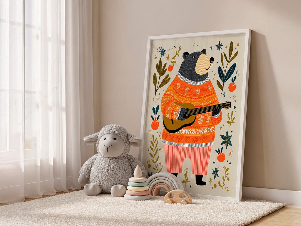 Musical Bear Art Print – Whimsical Nursery Decor Folk Illustration Poster