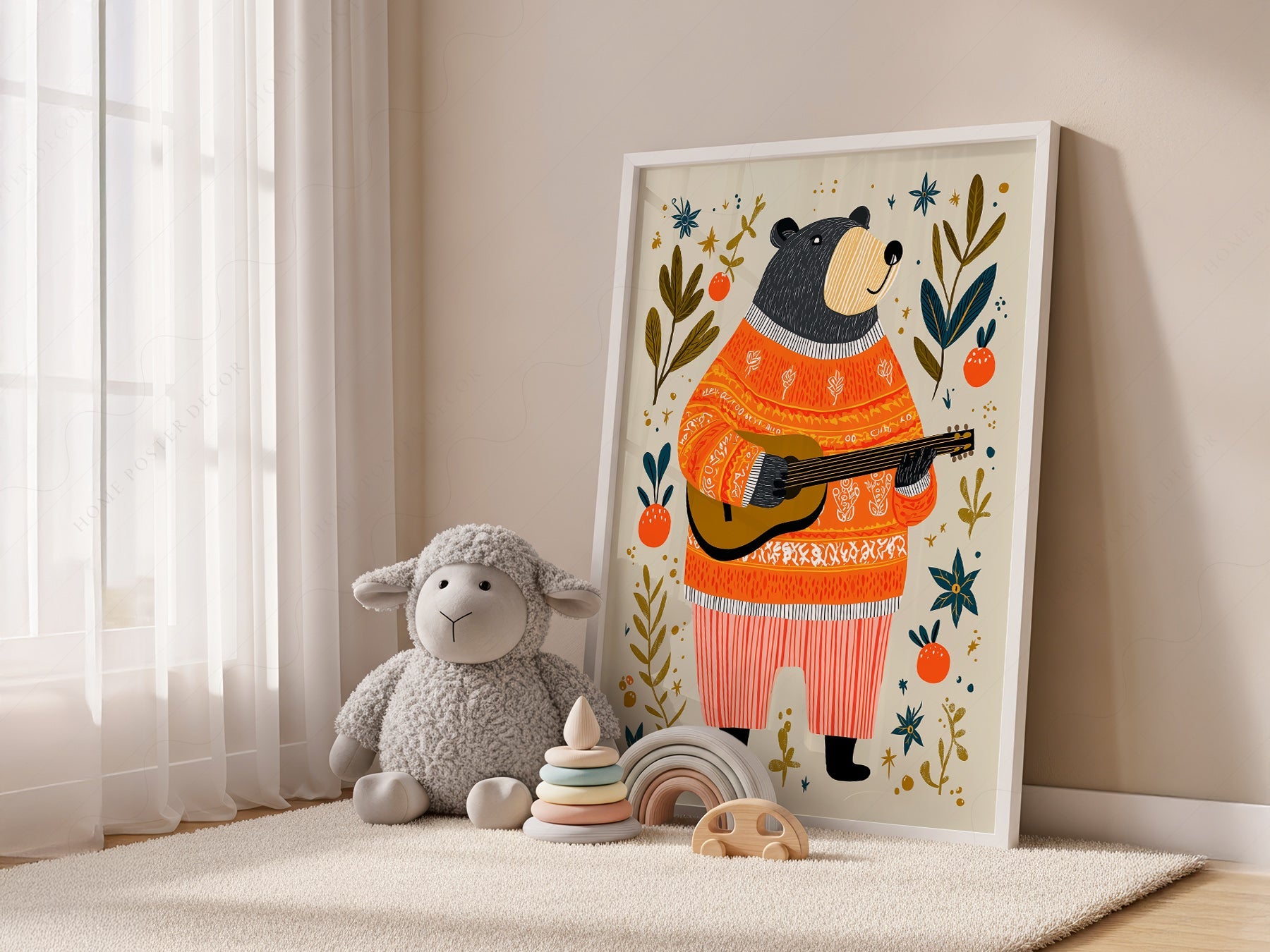 Musical Bear Art Print – Whimsical Nursery Decor Folk Illustration Poster