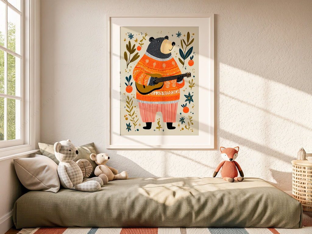 Musical Bear Art Print – Whimsical Nursery Decor Folk Illustration Poster