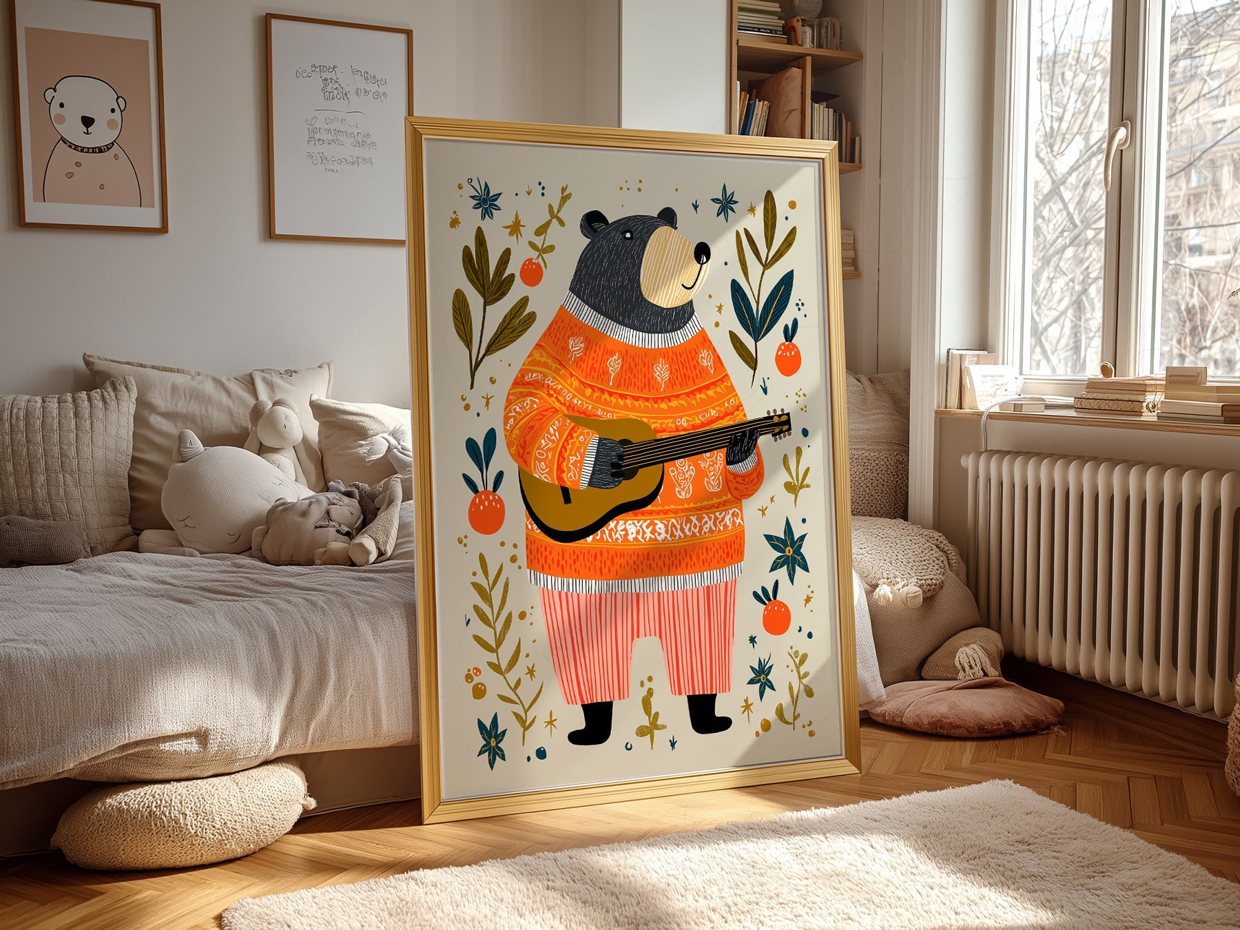 Musical Bear Art Print – Whimsical Nursery Decor Folk Illustration Poster