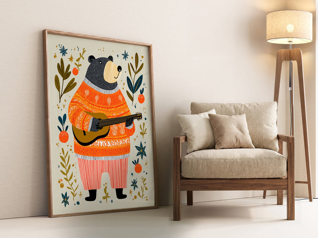 Musical Bear Art Print – Whimsical Nursery Decor Folk Illustration Poster