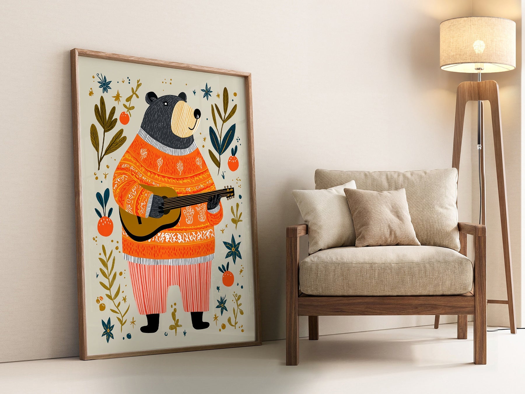 Musical Bear Art Print – Whimsical Nursery Decor Folk Illustration Poster