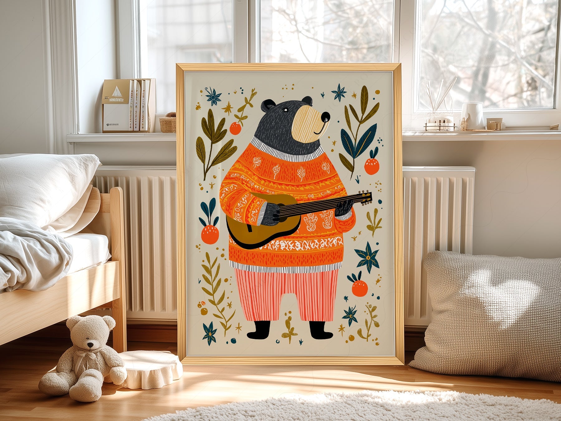 Musical Bear Art Print – Whimsical Nursery Decor Folk Illustration Poster