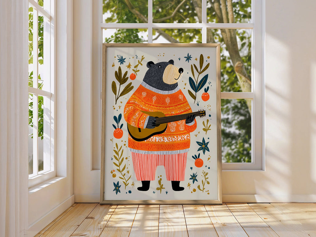 Musical Bear Art Print – Whimsical Nursery Decor Folk Illustration Poster