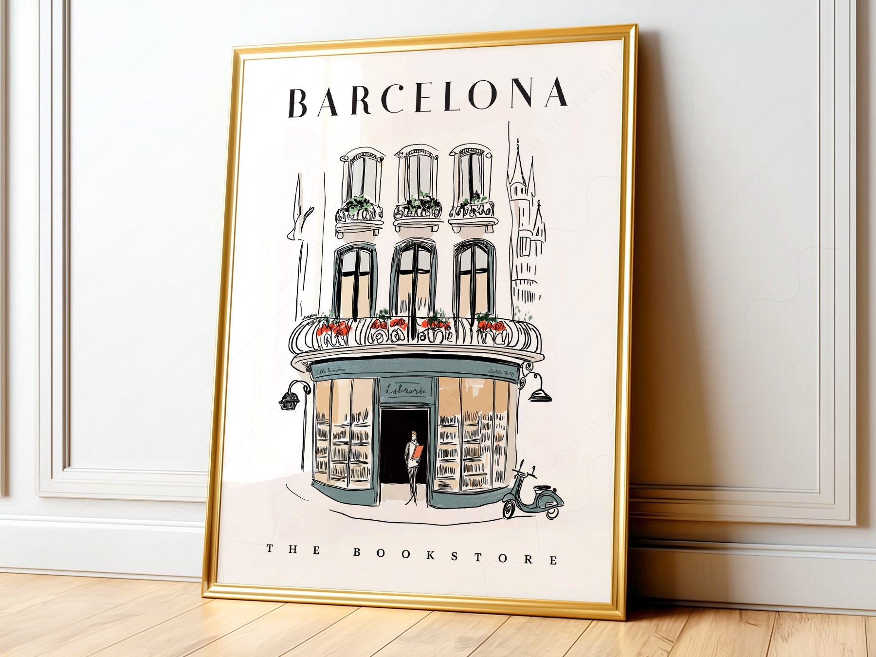 Barcelona Bookstore Illustration Print – European City Wall Art Poster