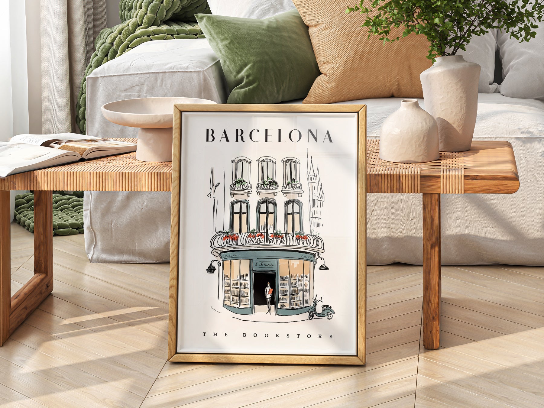 Barcelona Bookstore Illustration Print – European City Wall Art Poster
